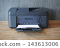 front view black printers and white paper on brown wooden floor, wall grey marble background, technology, object, comfortable, work, copy space 143613006