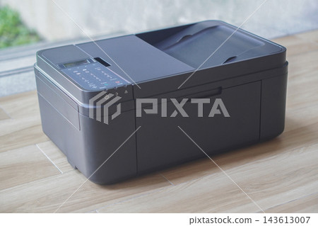 side view antique black printers on wooden floor background, technology, object, comfortable, work, copy space side view antique black printers on wooden floor background, technology, object, comfortable, work, copy space 143613007