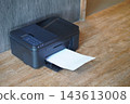 top and side view black printers and white paper on brown wooden floor, wall grey marble background, technology, object, comfortable, work, copy space 143613008