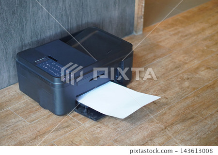 top and side view black printers and white paper on brown wooden floor, wall grey marble background, technology, object, comfortable, work, copy space top and side view black printers and white paper on brown wooden floor, wall grey marble background, technology, object, comfortable, work, copy space 143613008