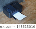 top view black printers and white paper on brown wooden floor, wall grey marble background, technology, object, comfortable, work, copy space 143613010