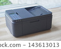 top view old black printers on wooden floor, blur nature background, technology, object, comfortable, work, copy space 143613013