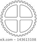 Illustration material of a gear-shaped circular part drawn with thin white lines. 143613108