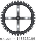 Metallic, silver-colored, four-spoke gear-shaped parts material 143613109