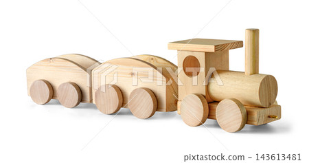 Wooden toy train set with locomotive and two carriages isolated on transparent Wooden toy train set with locomotive and two carriages isolated on transparent 143613481