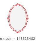 Red Vertical Oval Ornamental Frame with Fine Scrollwork on White Background 143613482