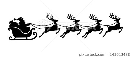 Black Santa Sleigh and Four Flying Reindeer Silhouette on White Background Black Santa Sleigh and Four Flying Reindeer Silhouette on White Background 143613488