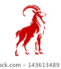 Red Standing Goat Silhouette with Curved Segmented Horns on White Background 143613489