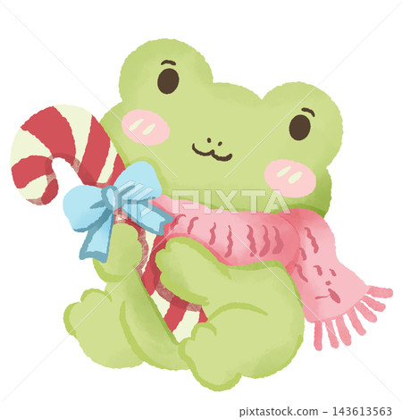 Adorable Chibi Green Christmas Frog Holding a Giant Red and White Candy Cane with Blue Satin Bow and Pink Knitted Scarf for Cute Kawaii Holiday Winter Illustration Adorable Chibi Green Christmas Frog Holding a Giant Red and White Candy Cane with Blue Satin Bow and Pink Knitted Scarf for Cute Kawaii Holiday Winter Illustration 143613563