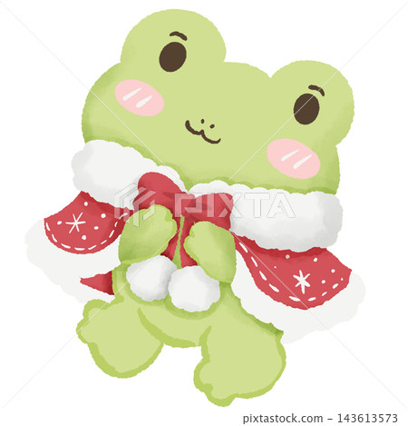 Adorable Kawaii Green Christmas Frog Wearing a Red Santa Cape with Fluffy White Trim and Holding a Festive Red Bow with White Pom Poms Cute Winter Holiday Character Illustration Adorable Kawaii Green Christmas Frog Wearing a Red Santa Cape with Fluffy White Trim and Holding a Festive Red Bow with White Pom Poms Cute Winter Holiday Character Illustration 143613573