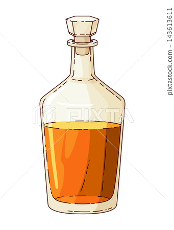 Whiskey bottle. Product packaging brand design. Mock up bottle of bourbon whiskey alcohol drink. Advertising banner vector colored illustration Whiskey bottle. Product packaging brand design. Mock up bottle of bourbon whiskey alcohol drink. Advertising banner vector colored illustration 143613611
