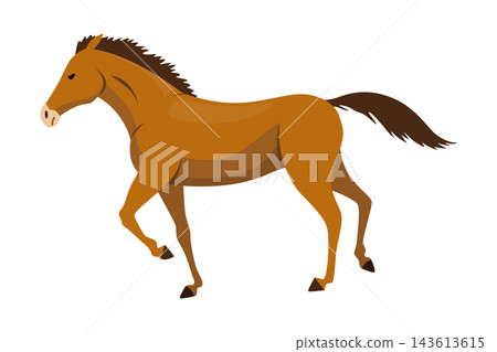 Side view of a stylized brown horse galloping, flowing mane and tail, and smooth simplified shapes on a plain light background Side view of a stylized brown horse galloping, flowing mane and tail, and smooth simplified shapes on a plain light background 143613615