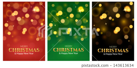 Merry Christmas and Happy New Year vertical posters with bokeh lights and gold gradient text Merry Christmas and Happy New Year vertical posters with bokeh lights and gold gradient text 143613634