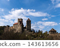 Hardegg Castle overlooking the town of Hardegg near the Czech border. Historic medieval fortress surrounded by nature in the Thayatal region, photographed as a scenic travel and cultural landmark. 143613656