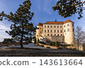 Mikulov Castle in South Moravia, Czech Republic, captured during spring in sunny weather. Scenic historic architecture with clear sky and warm daylight, ideal for travel, tourism and cultural 143613664