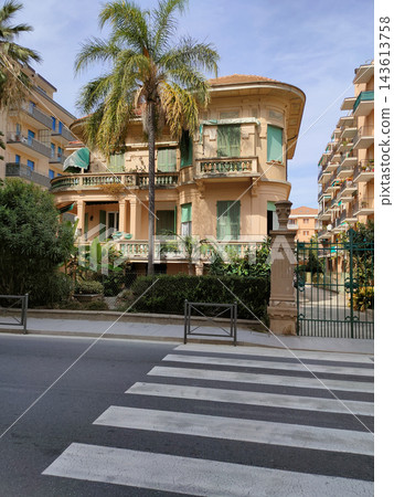 Facades of buildings at Pietra Ligure on Liguria in Italy Facades of buildings at Pietra Ligure on Liguria in Italy 143613758