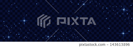 Starry night transparent. Midnight space scene with star flares and cosmic vibe. Soft blue and sparkling starlight. Vector galaxy banner Starry night transparent. Midnight space scene with star flares and cosmic vibe. Soft blue and sparkling starlight. Vector galaxy banner 143613896