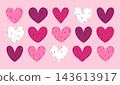 Hand drawn icons of hearts with outline in pink shades. Vintage graphic elements for Valentine's Day decorations, wedding invitations, love designs, stickers, wrapper, social media, textiles, patterns 143613917