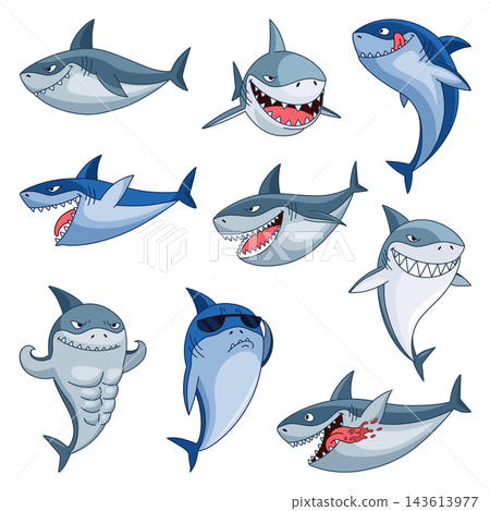 Set of playful shark characters in flat cartoon style Set of playful shark characters in flat cartoon style 143613977