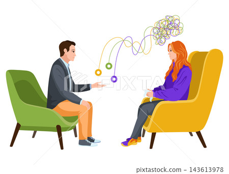 Flat concept of psychotherapy sessions showing therapist and client in conversation Flat concept of psychotherapy sessions showing therapist and client in conversation 143613978