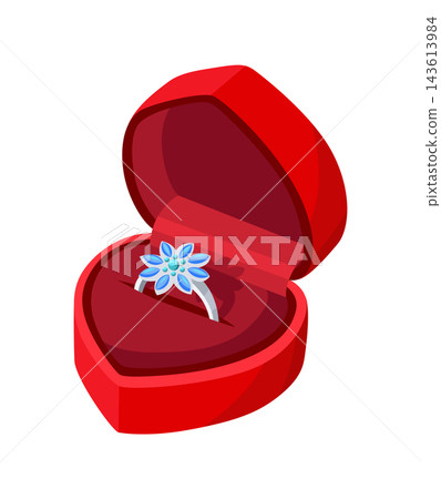 Engagement ring with precious stone in open boxe. Accessory for marriage proposal. Vector illustration Engagement ring with precious stone in open boxe. Accessory for marriage proposal. Vector illustration 143613984