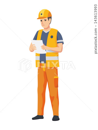 Construction worker in safety gear holding building plans Construction worker in safety gear holding building plans 143613993