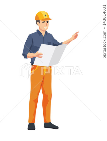 Construction engineer holding blueprint and pointing on site Construction engineer holding blueprint and pointing on site 143614031