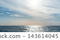 Small airplane flying above open sea beneath a vast cloudy sky. Ocean horizon and expansive sky. Aviation and flight. Seascape with copy space. Minimal coastal nature 143614045