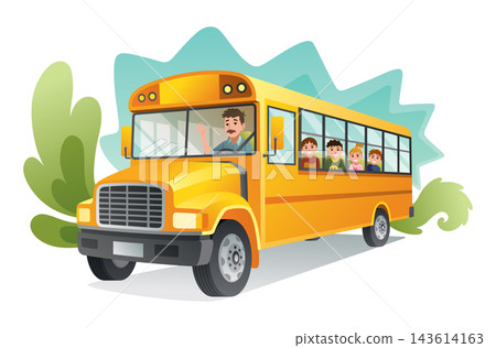 Classic american old school bus. Kids riding on school bus. Free travel. Color vector school banner Classic american old school bus. Kids riding on school bus. Free travel. Color vector school banner 143614163