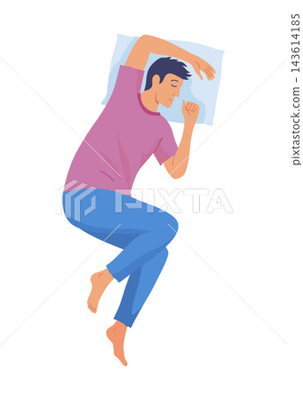 Top-down illustration of a man sleeping on his back with arms up and relaxed legs Top-down illustration of a man sleeping on his back with arms up and relaxed legs 143614185