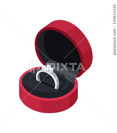 Engagement ring with precious stone in open boxe. Accessory for marriage proposal. Vector illustration Engagement ring with precious stone in open boxe. Accessory for marriage proposal. Vector illustration 143614193