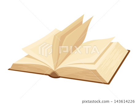 Old open book with empty page. Wisdom or education concept. Vintage library design element. Ancient writing stationery symbol for poetry work or education Old open book with empty page. Wisdom or education concept. Vintage library design element. Ancient writing stationery symbol for poetry work or education 143614226