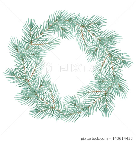 Watercolor Christmas wreath of pine branches isolated, simple chinoiserie winter evergreen frame Watercolor Christmas wreath of pine branches isolated, simple chinoiserie winter evergreen frame 143614433