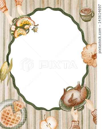 Thanksgiving Cottagecore Watercolor Striped Background with Whimsical Frame and Blank Space Thanksgiving Cottagecore Watercolor Striped Background with Whimsical Frame and Blank Space 143614697