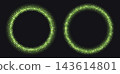 Green halftone frames, glowing circle borders, round pattern with dots, radial disco luxury design element. 143614801