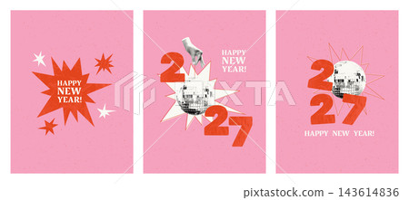 New Year 2027 greeting cards and social media vertical banners set. Retro collage with cut out disco balls, hand, red paper numbers and starbursts on grainy pink backgrounds. Festive vector templates New Year 2027 greeting cards and social media vertical banners set. Retro collage with cut out disco balls, hand, red paper numbers and starbursts on grainy pink backgrounds. Festive vector templates 143614836