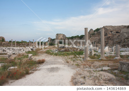 Archaeological site with marble columns and ruins in Side, Turkey Archaeological site with marble columns and ruins in Side, Turkey 143614869