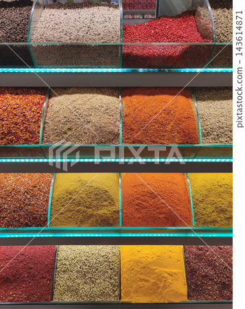 Assortment of colorful spices in a traditional Turkish bazaar in Istanbul Turkey Assortment of colorful spices in a traditional Turkish bazaar in Istanbul Turkey 143614871