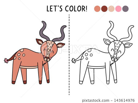 Safari animals coloring page for children with antelope. Vector savanna outline illustration. Color book with colored example. Drawing skills printable worksheet with African savannah character Safari animals coloring page for children with antelope. Vector savanna outline illustration. Color book with colored example. Drawing skills printable worksheet with African savannah character 143614976