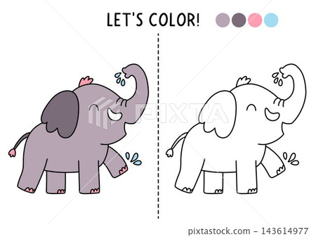 Safari animals coloring page for children with elephant. Vector savanna outline illustration. Color book with colored example. Drawing skills printable worksheet with African savannah character Safari animals coloring page for children with elephant. Vector savanna outline illustration. Color book with colored example. Drawing skills printable worksheet with African savannah character 143614977