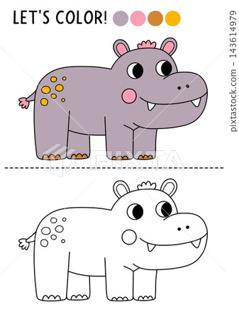 Safari animals coloring page for children with hippopotamus. Vector savanna outline illustration. Color book with colored example. Drawing skills printable worksheet with African savannah hippo Safari animals coloring page for children with hippopotamus. Vector savanna outline illustration. Color book with colored example. Drawing skills printable worksheet with African savannah hippo 143614979