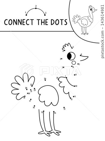 Vector safari dot-to-dot and color activity with cute ostrich. Black and white connect the dots game for children with funny savanna animal. African savannah line printable worksheet, coloring page 143614981