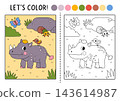 Safari animals coloring page for children with hippopotamus. Vector outline illustration with savanna nature scene. Color book with colored example. Drawing worksheet with hippo, African landscape 143614987