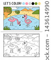Safari animals coloring page for children with pink flamingos. Vector outline illustration with savanna nature scene. Color book with example. Drawing worksheet with African landscape, birds 143614990