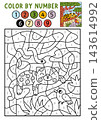 Vector safari color by number activity with leopard on tree twig, nature scene. Savanna black and white game. Cute coloring page for kids. Line printable worksheet with African savannah animal 143614992