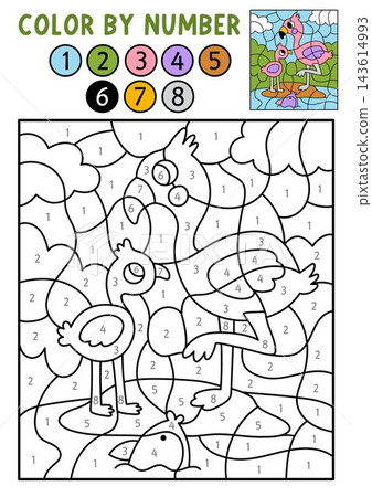 Vector safari color by number activity with flamingo, baby, nature scene. Savanna black and white game. Cute coloring page for kids. Line printable worksheet with African savannah animal Vector safari color by number activity with flamingo, baby, nature scene. Savanna black and white game. Cute coloring page for kids. Line printable worksheet with African savannah animal 143614993