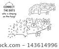 Vector safari dot-to-dot and color activity with cute leopard on tree twig. Black and white connect the dots game with savanna animal. African savannah line printable worksheet, coloring page 143614996