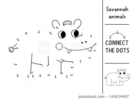 Vector safari dot-to-dot and color activity with hippopotamus. Black and white connect the dots game with savanna animal. African savannah line printable worksheet, coloring page with hippo Vector safari dot-to-dot and color activity with hippopotamus. Black and white connect the dots game with savanna animal. African savannah line printable worksheet, coloring page with hippo 143614997