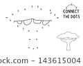 Vector safari dot-to-dot and color activity with cute acacia tree. Black and white connect the dots game for children with savanna plant. African savannah line printable worksheet, coloring page 143615004