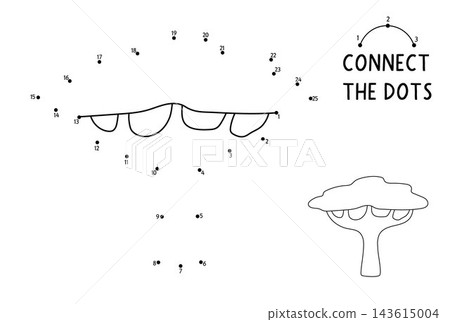 Vector safari dot-to-dot and color activity with cute acacia tree. Black and white connect the dots game for children with savanna plant. African savannah line printable worksheet, coloring page Vector safari dot-to-dot and color activity with cute acacia tree. Black and white connect the dots game for children with savanna plant. African savannah line printable worksheet, coloring page 143615004